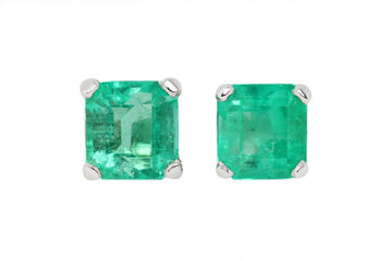 4.09tcw Asscher Cut Emerald Stud Earrings 14K White Gold