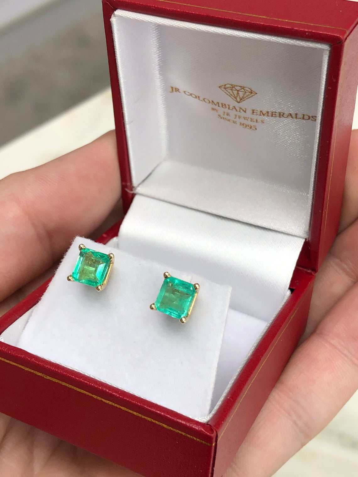 2.0tcw Asscher Shape Certified Medium Green Emerald Earrings 14K