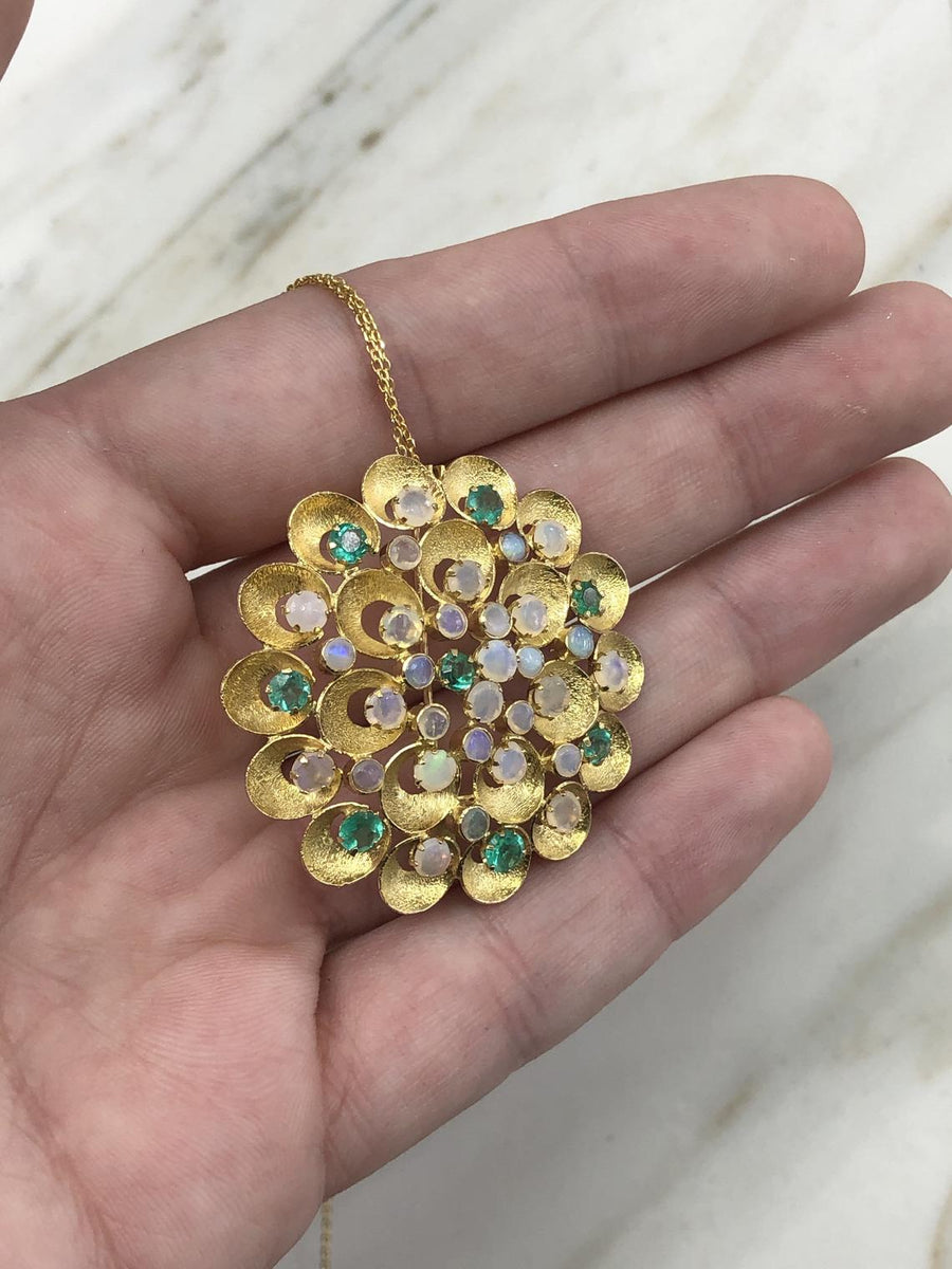  Opal & Emerald Flower Pendant/Pin 14k