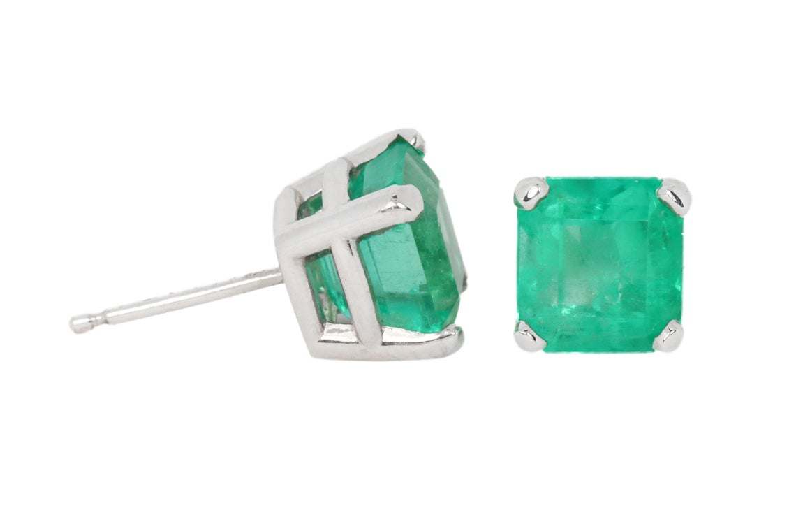 Asscher Cut Emerald Stud Earrings 14K White Gold