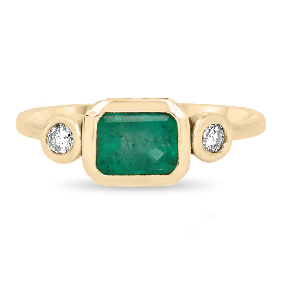 1.05tcw East to West Bezel Set Three Stone Emerald & Diamond Ring 14K Yellow Gold