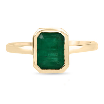 Stackable 1.10 Carat Bezel Set Dark Green Emerald Cut Emerald Ring 14K