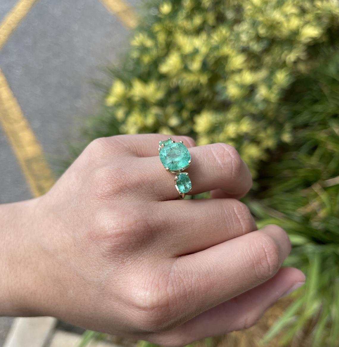 Three Stone Cushion Cut & Oval Colombian Emerald Ring