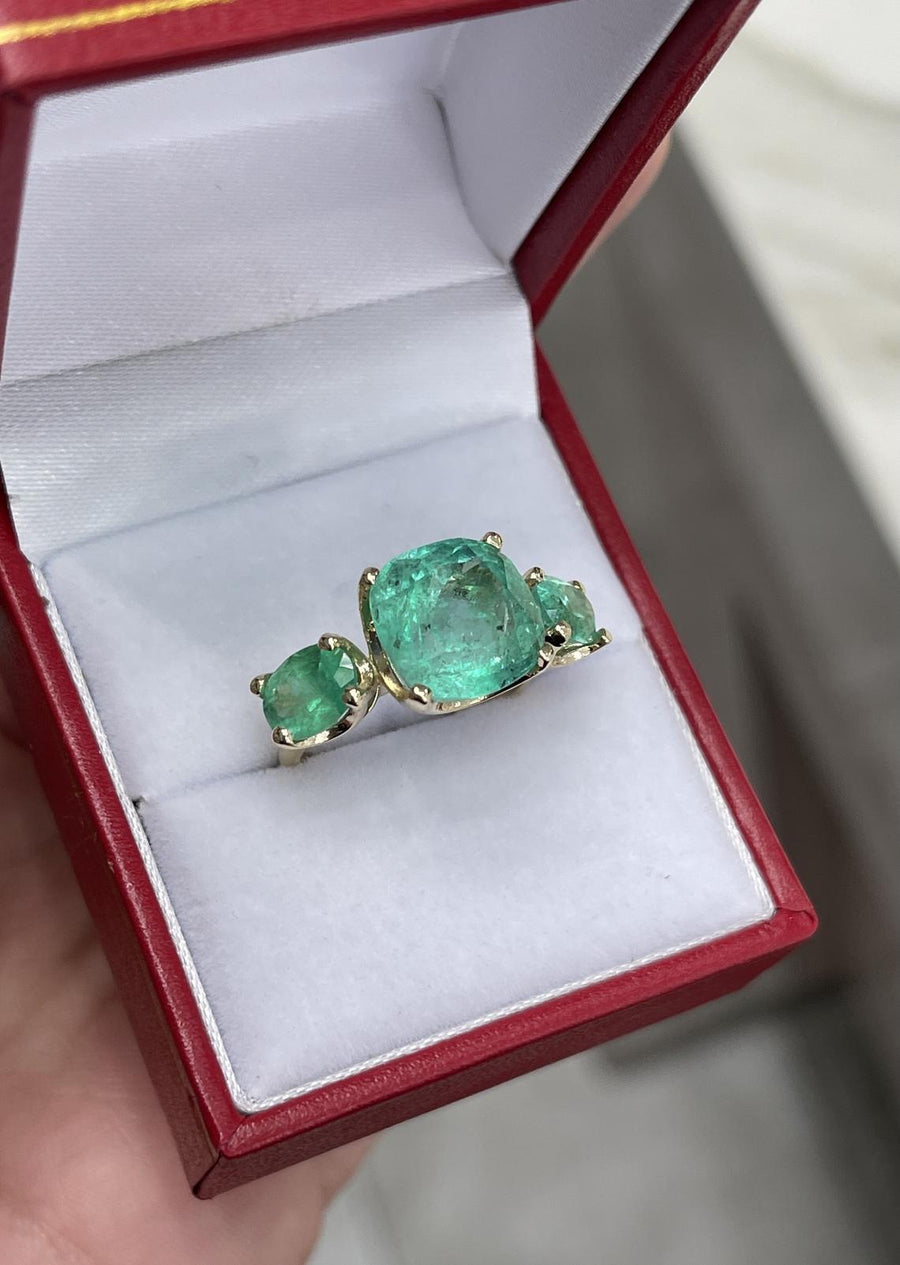 8.90tcw 14K Three Stone Cushion & Oval Colombian Emerald Ring
