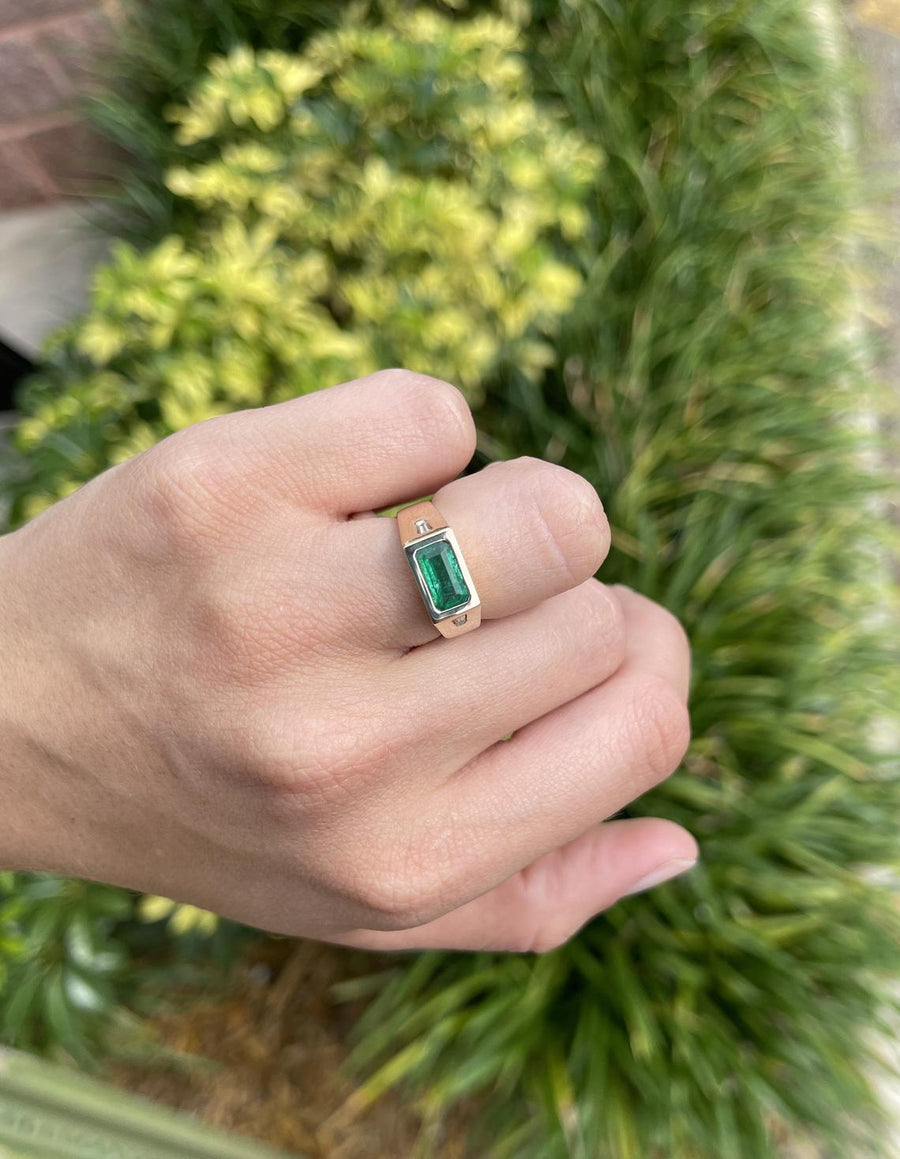 2.0tcw Three Stone Elongated Emerald & Tapered Baguette Diamond Gypsy mens Ring 14K