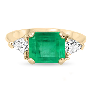2.50tcw East To West Three Stone Colombian Emerald Curt & Diamond Trillion Cut Ring 18K
