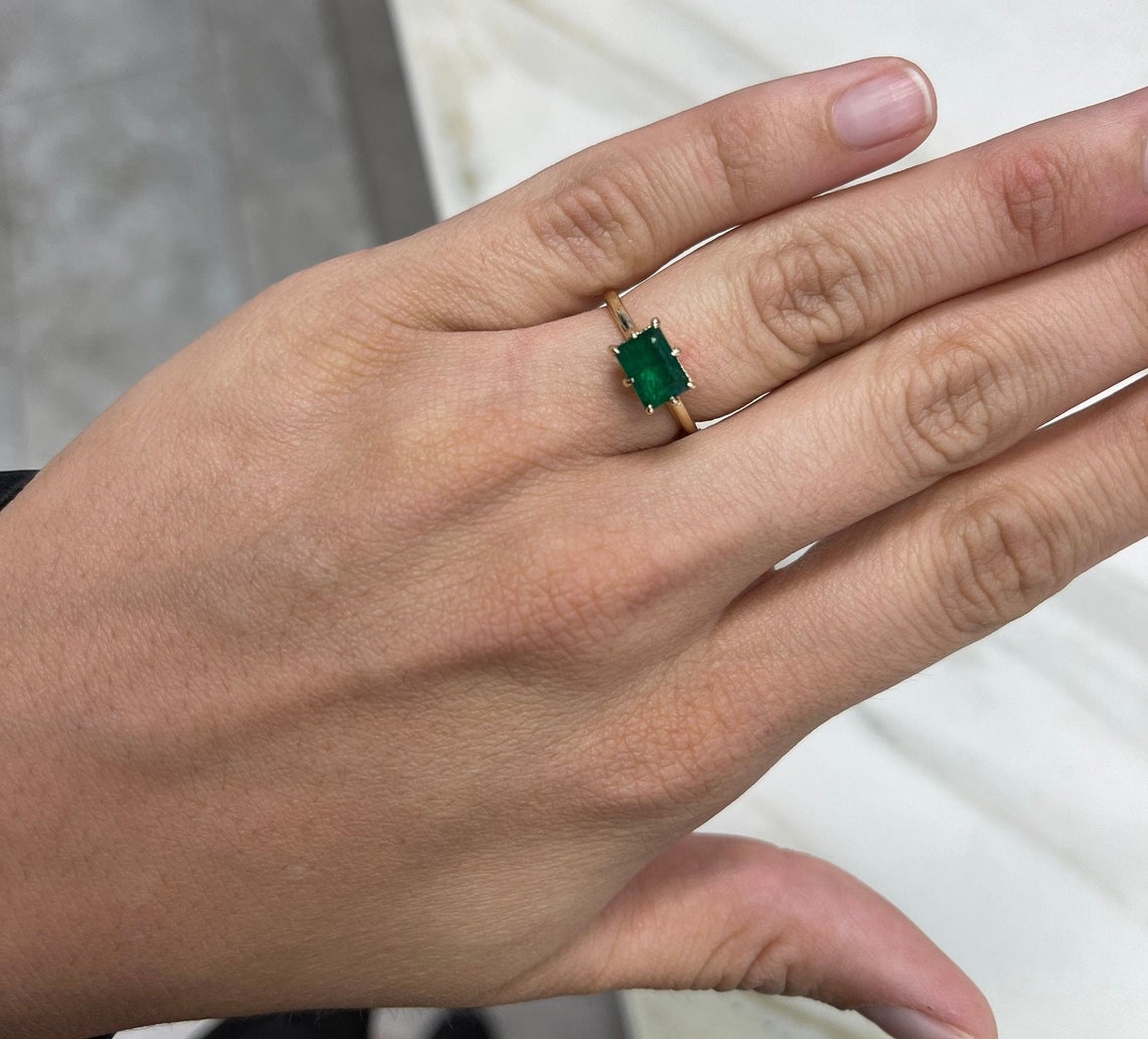 1.50 Carat Horizontal Dark Green Emerald 8 Claw Prong Solitaire Engagement Ring 14K