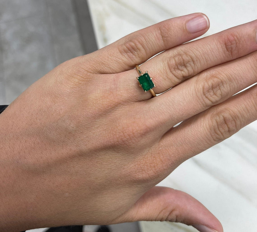 1.50 Carat Horizontal Dark Green Emerald 8 Claw Prong Solitaire Engagement Ring 14K