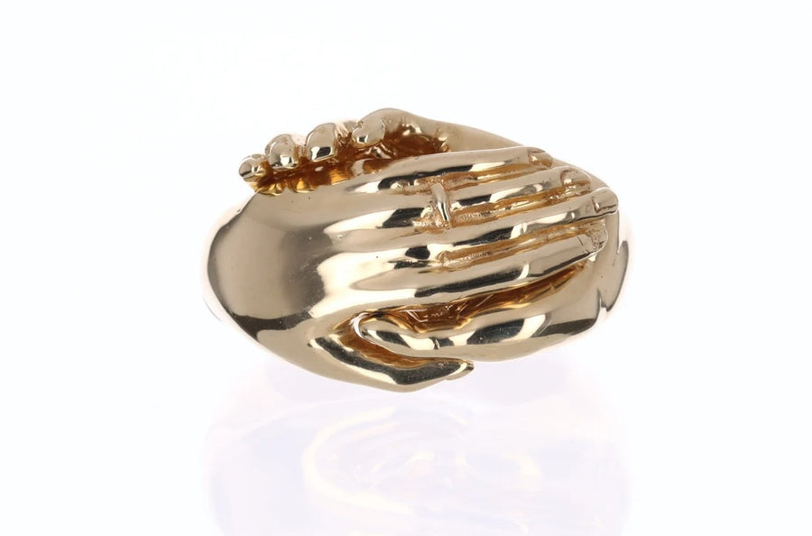 Gold Betrothal with Clasped Hands over a Heart Locket Ring 14K