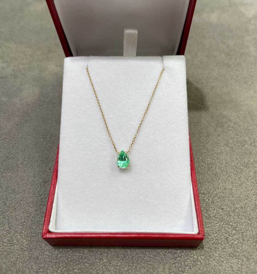 Colombian Emerald Pear Solitaire Necklace 14K