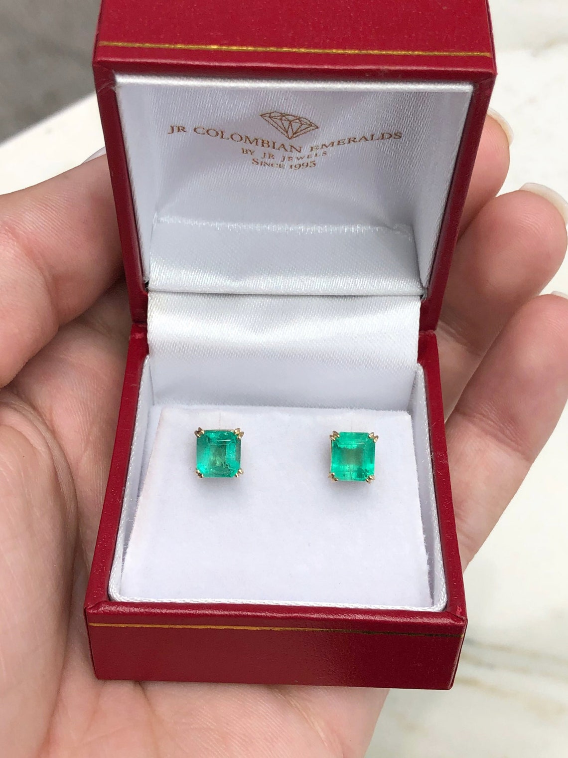 2.50tcw Trendy Emerald Cut Solid 14K Sea Green Double Prong Stud Earrings - JR Colombian Emeralds