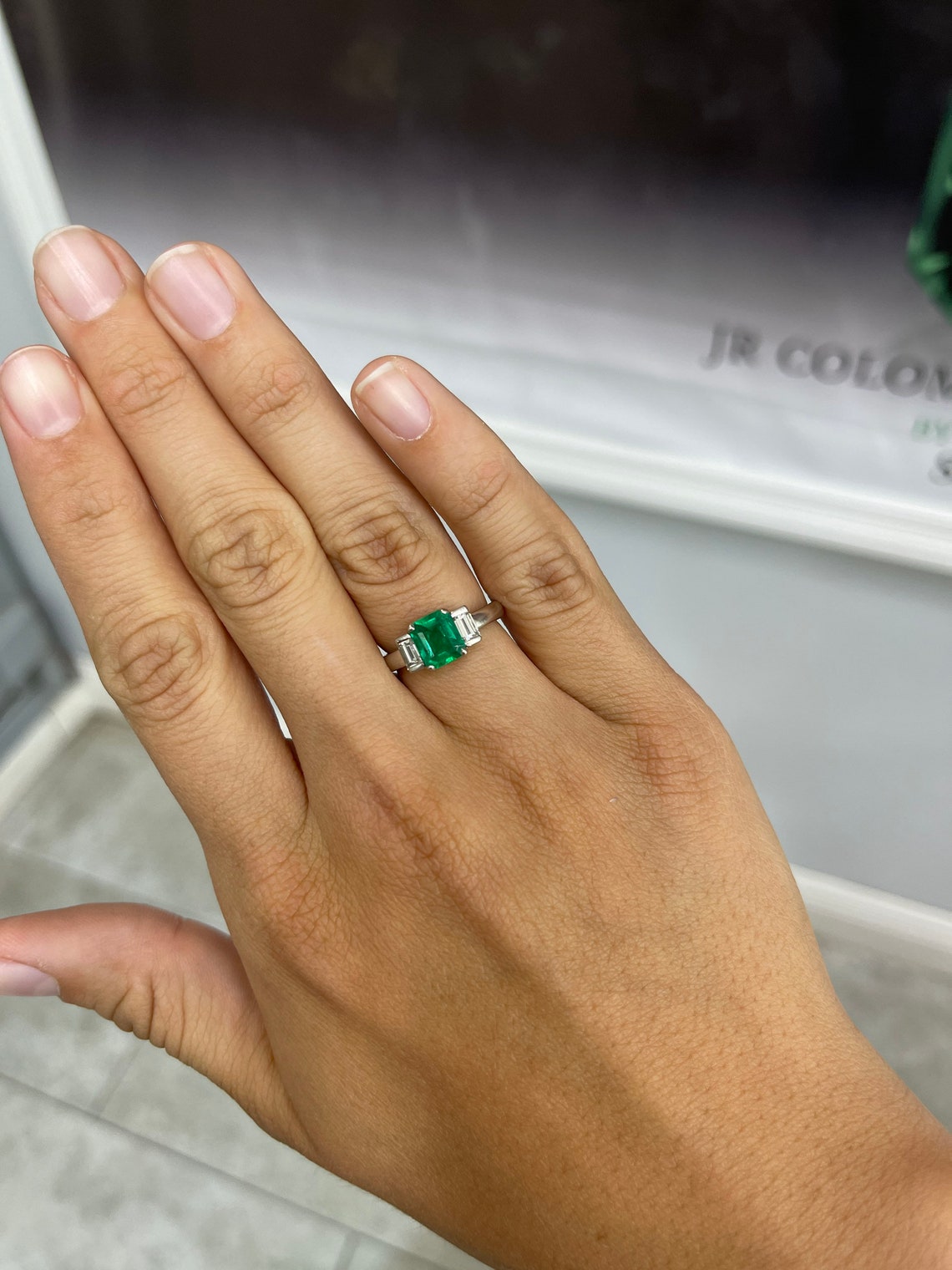 Elegant Three Stone Diamond & Emerald