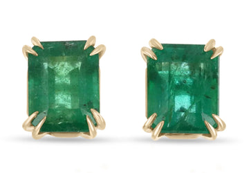 5.10tcw Classic Emerald Cut Double Claw Prong Stud Earrings 18K