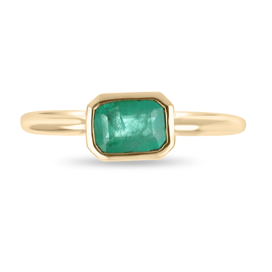 Classic Horizontal 0.70cts Bezel Set Colombian Emerald Solitaire Ring 14K