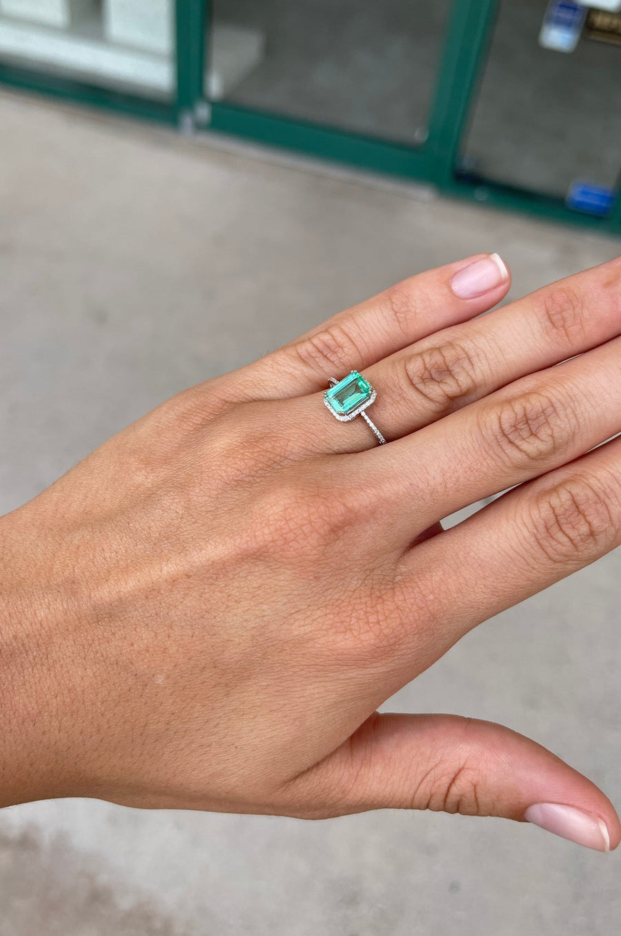 1.58tcw Bluish Green Emerald & Pave Diamond Halo Anniversary Ring 14K White Gold