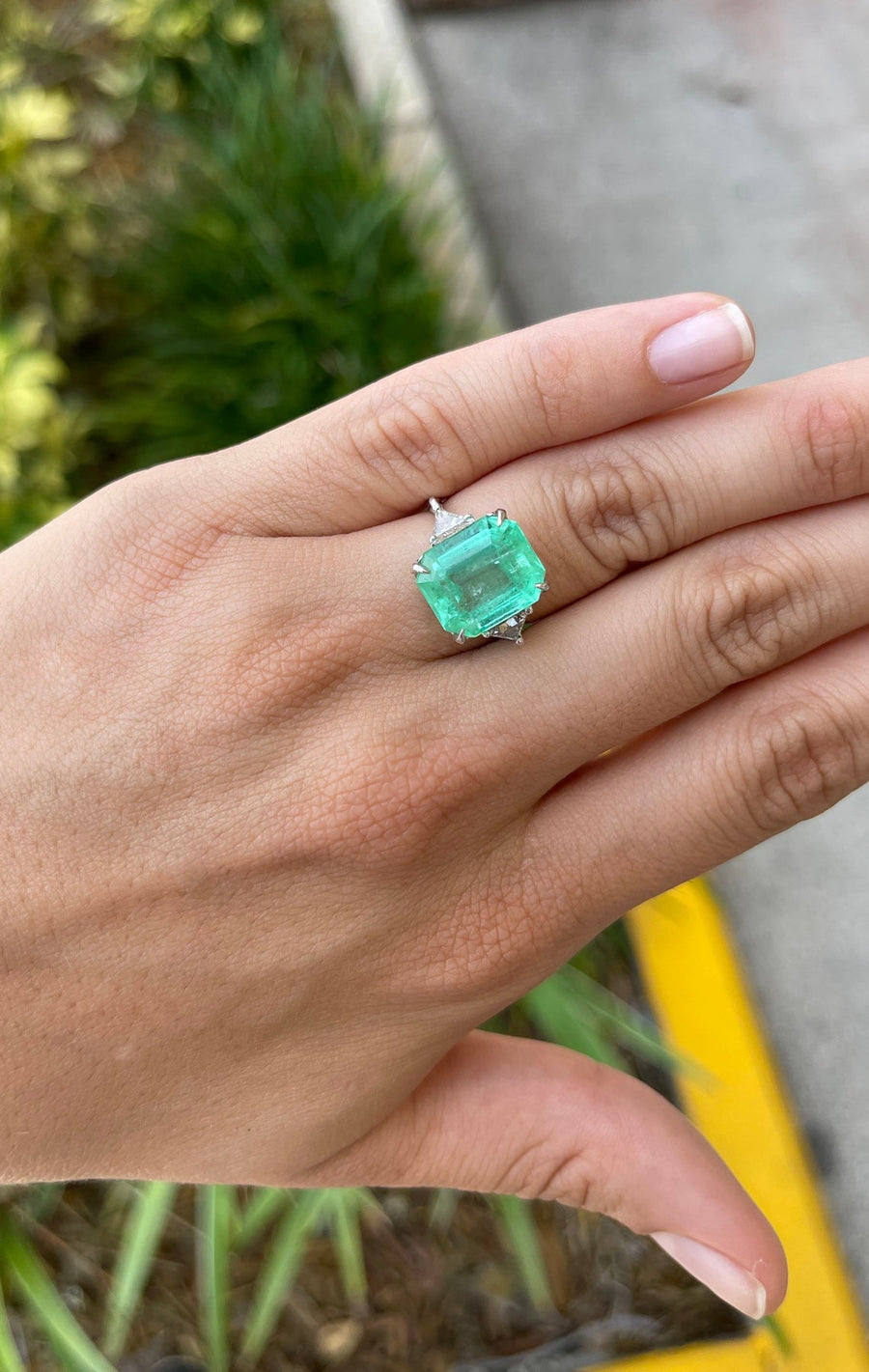 18K Three Stone 9.41tcw Colombian Emerald & Trillion Diamond Engagement ring