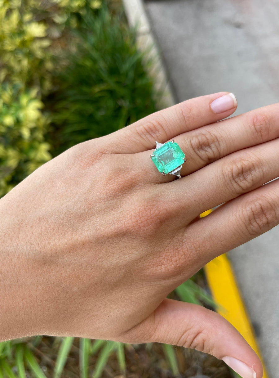 Three Stone Emerald & Trillion Diamond 9.41tcw engagement ring white gold 14k