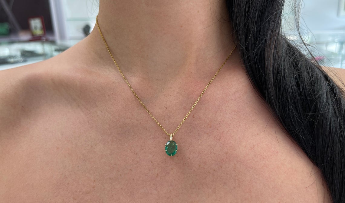  Emerald Solitaire Oval Cut 6-Prong Pendant 14K