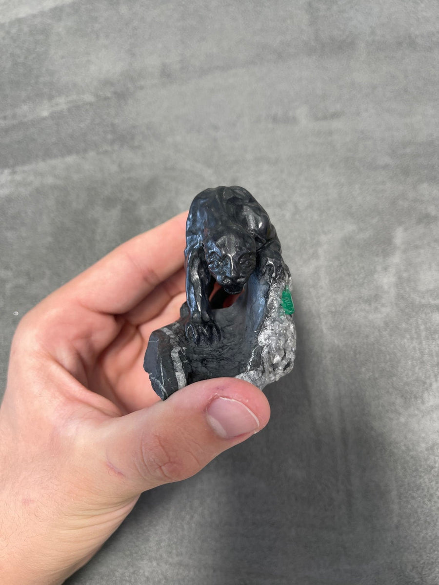 A Unique Sculpture: Colombian Emerald Rough Crystal Transformed into a Black Panther