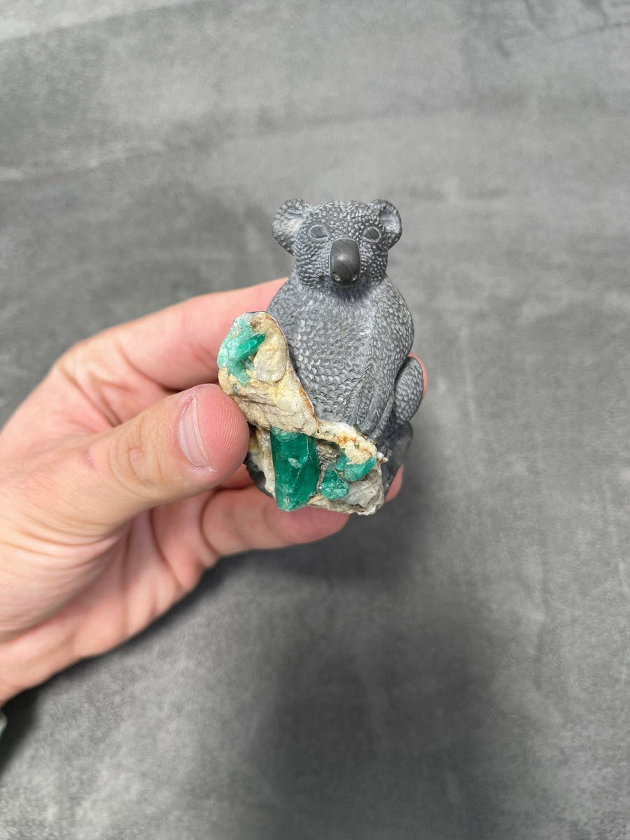 Colombian Emerald Crystal Koala Statue - Artistic Gemstone Carving