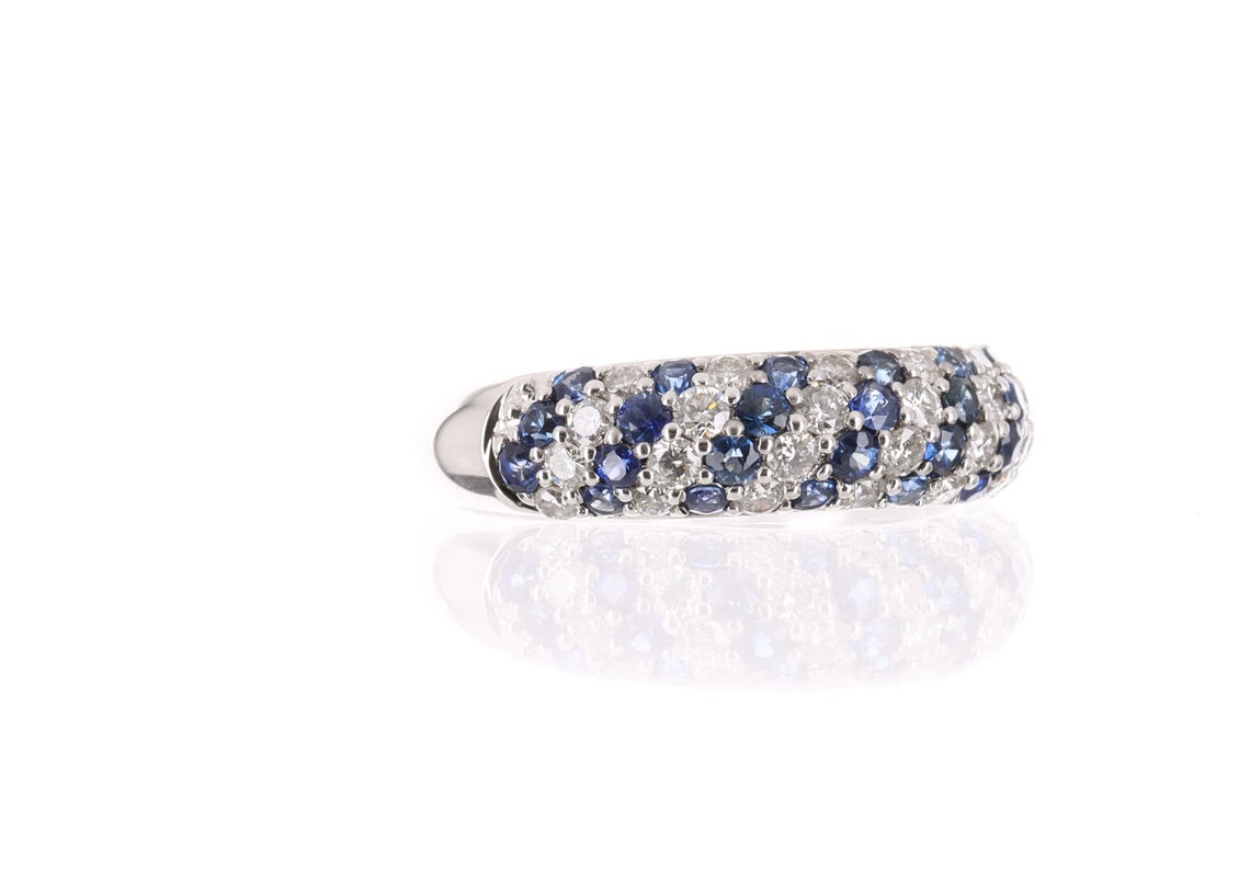 0.90tcw Round Blue Sapphire & White Diamond Cluster Band Ring 14K