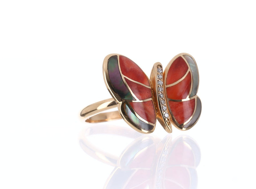 Mother of Pearl & Agate Butterfly Ring Rose Gold 18K
