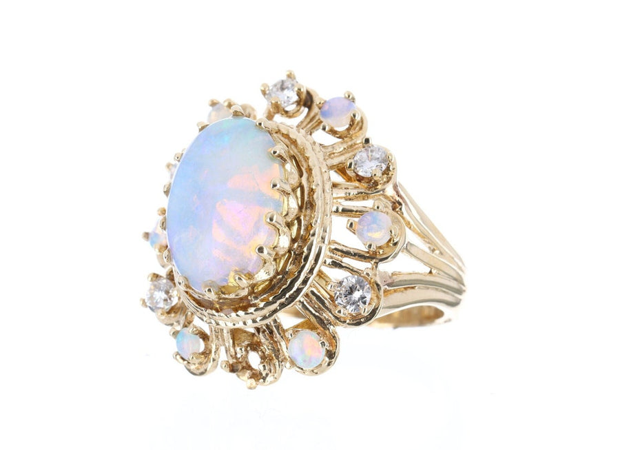 Art Deco Opal & Diamond Ring, Large Opal Cabochon and Diamond Halo Dinner  Ring in 18 Carat Gold & Platinum, Circa 1920s. - Addy's Vintage