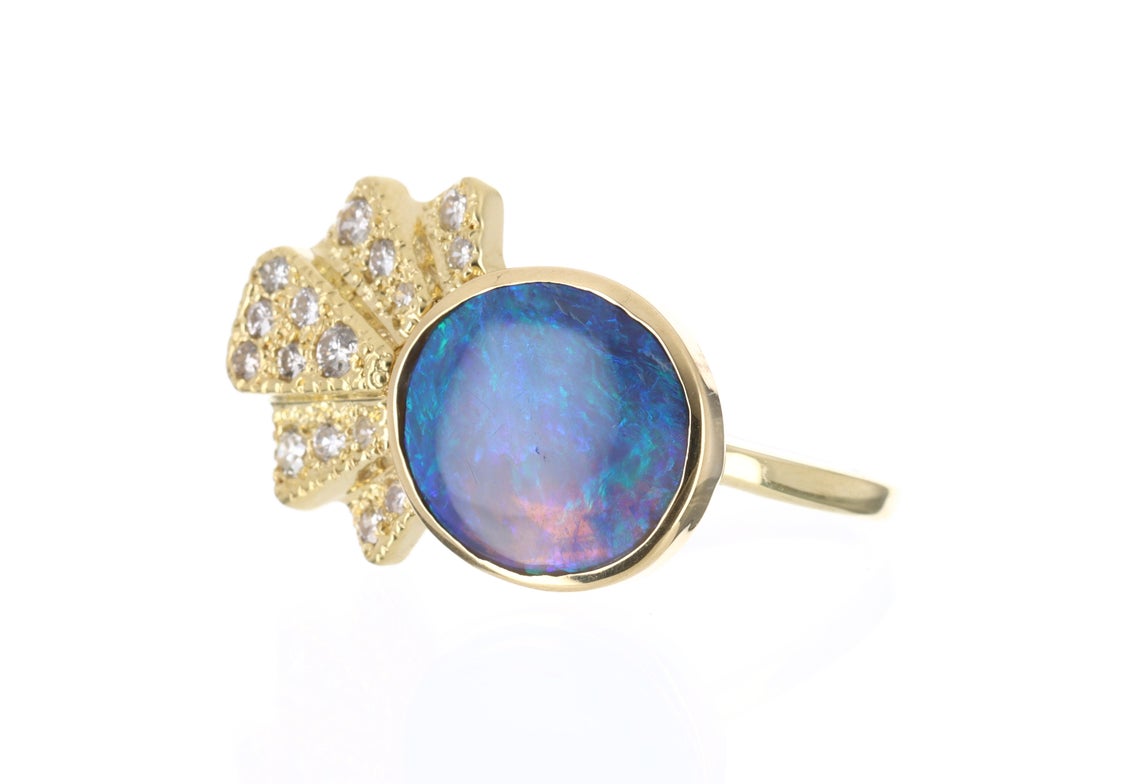 Faye Kim 18k Gold Blue Moonstone and Mozambique Aquamarine Daisy Cocktail Ring