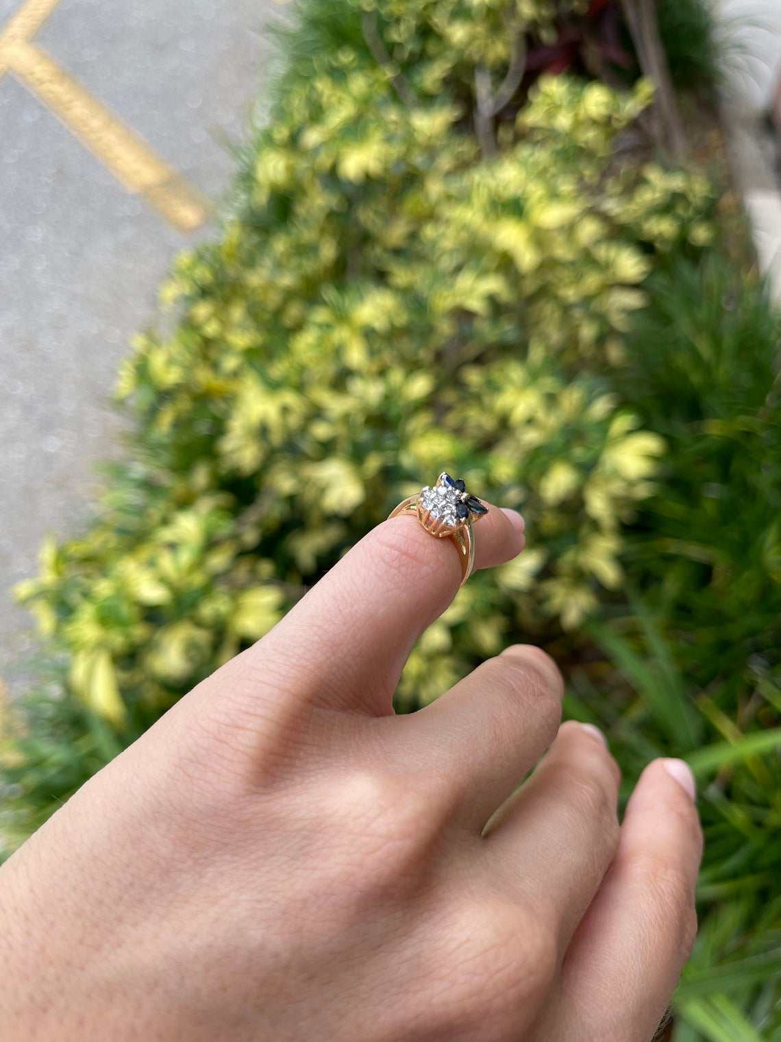 marquise blue sapphire and white diamond vintage ring