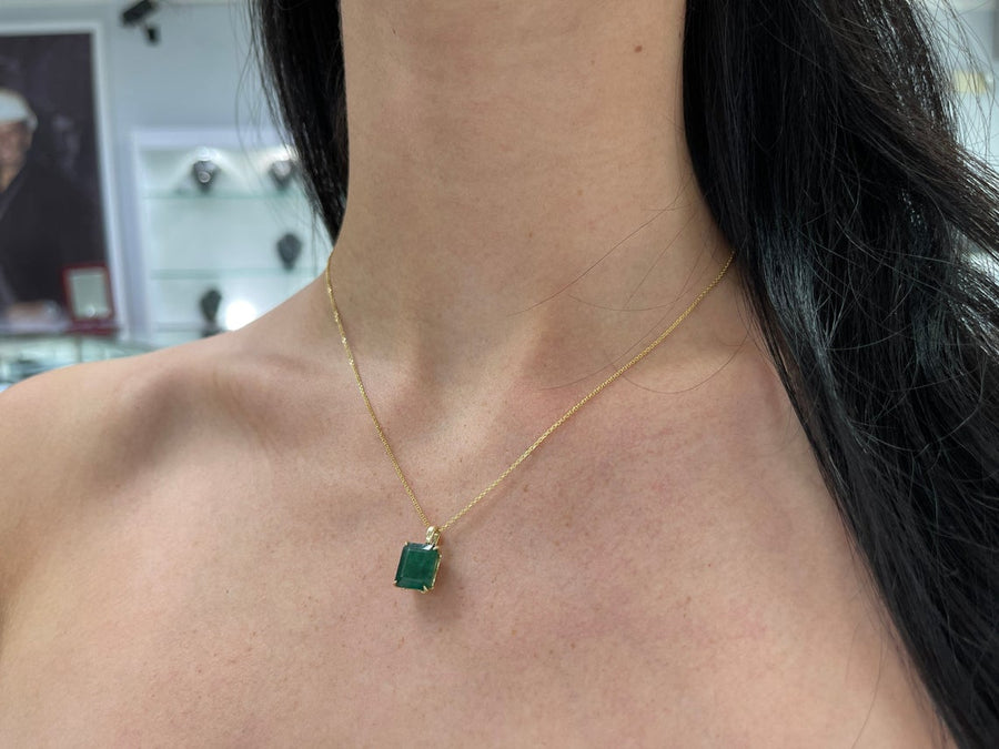 Large  Emerald Cut Solitaire Dark Forest Green Gold Pendant