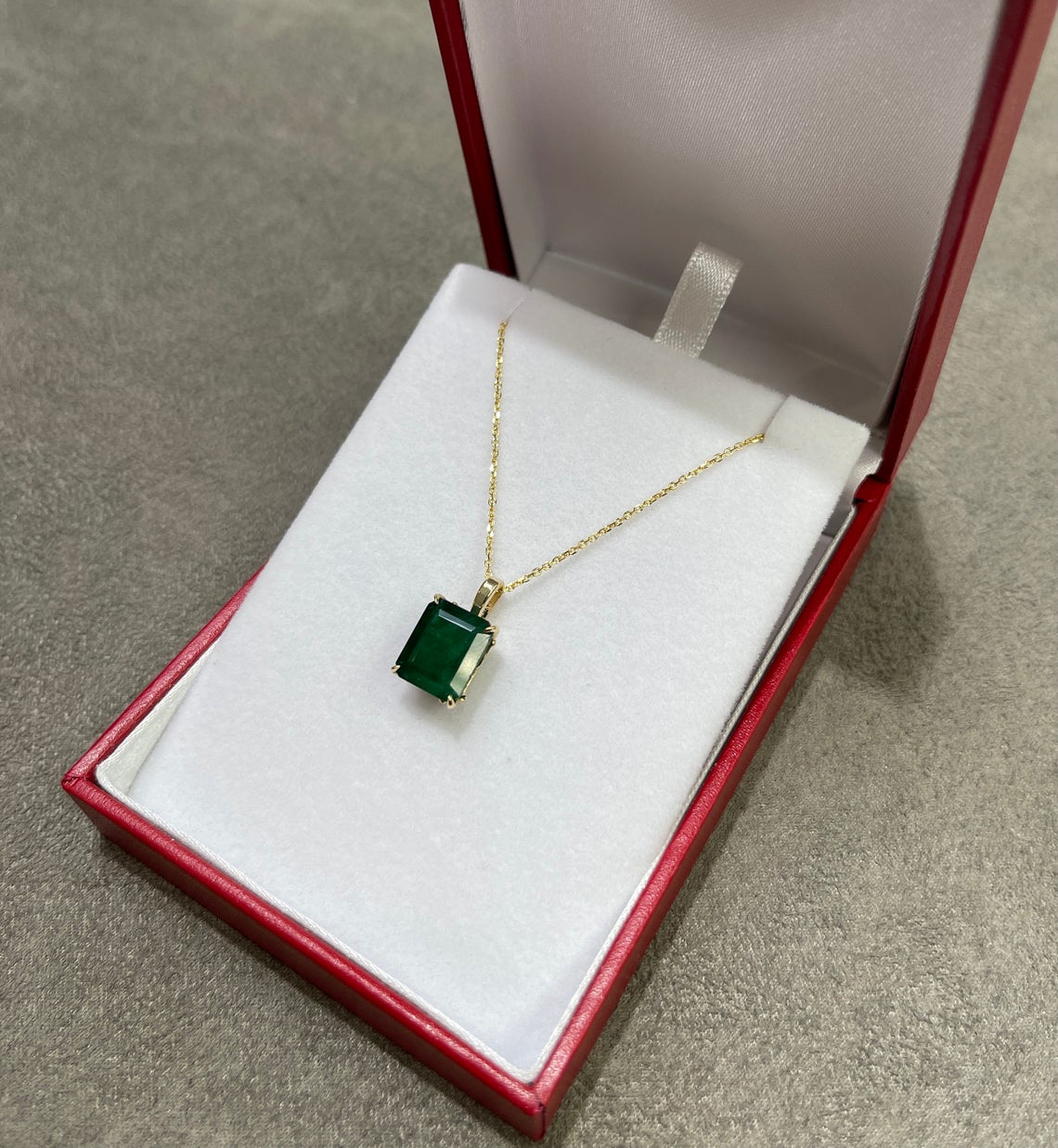 Emerald Cut Solitaire Dark Forest Green Gold Pendant