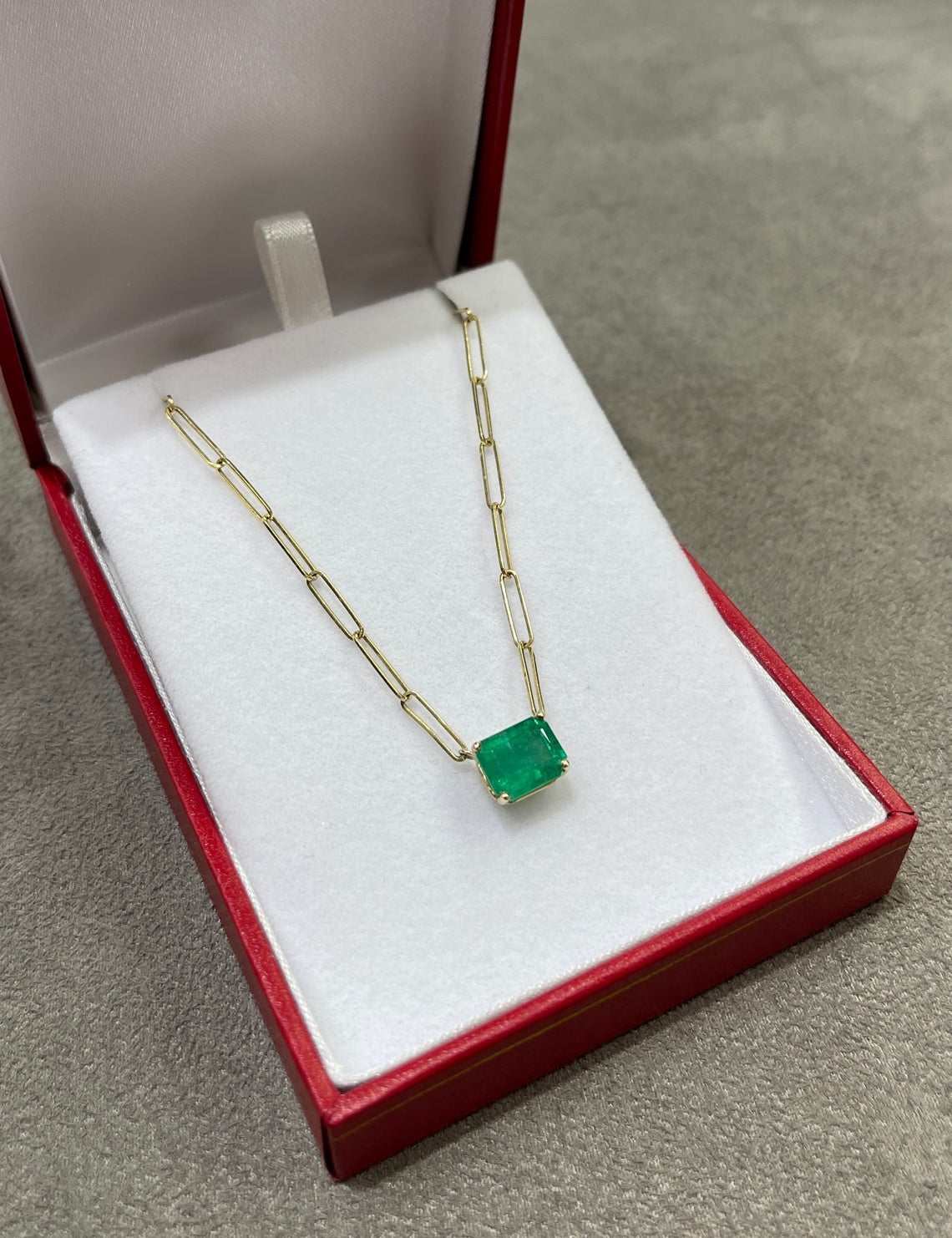 3.25 Carat East to West Rich Deep Green Emerald Paper Clip Gold Emerald Necklace 14K