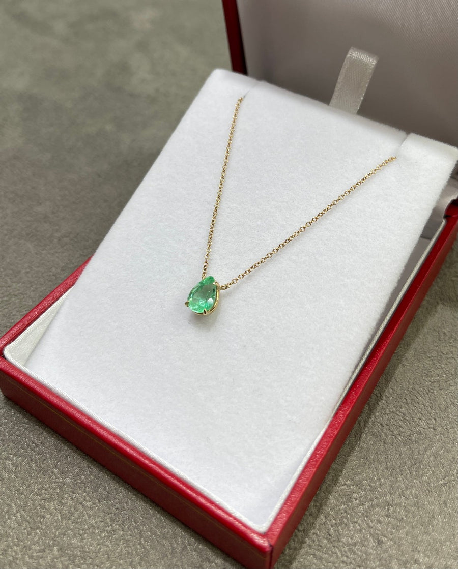 1.07 Carat Colombian Emerald Pear Solitaire Necklace 14K