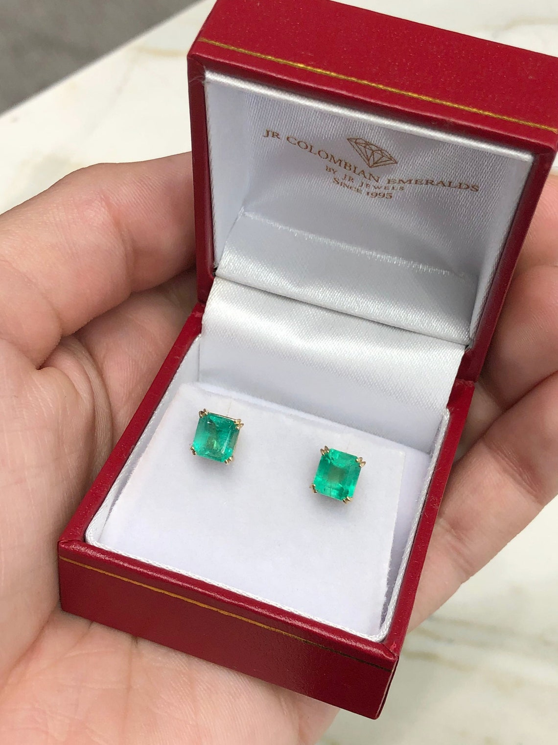 2.50tcw Trendy Emerald Cut Solid 14K Sea Green Double Prong Stud Earrings - JR Colombian Emeralds