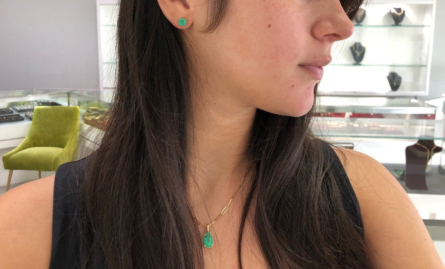 Trendy Emerald Cut Emerald 14K Studs May Birthstone Gift