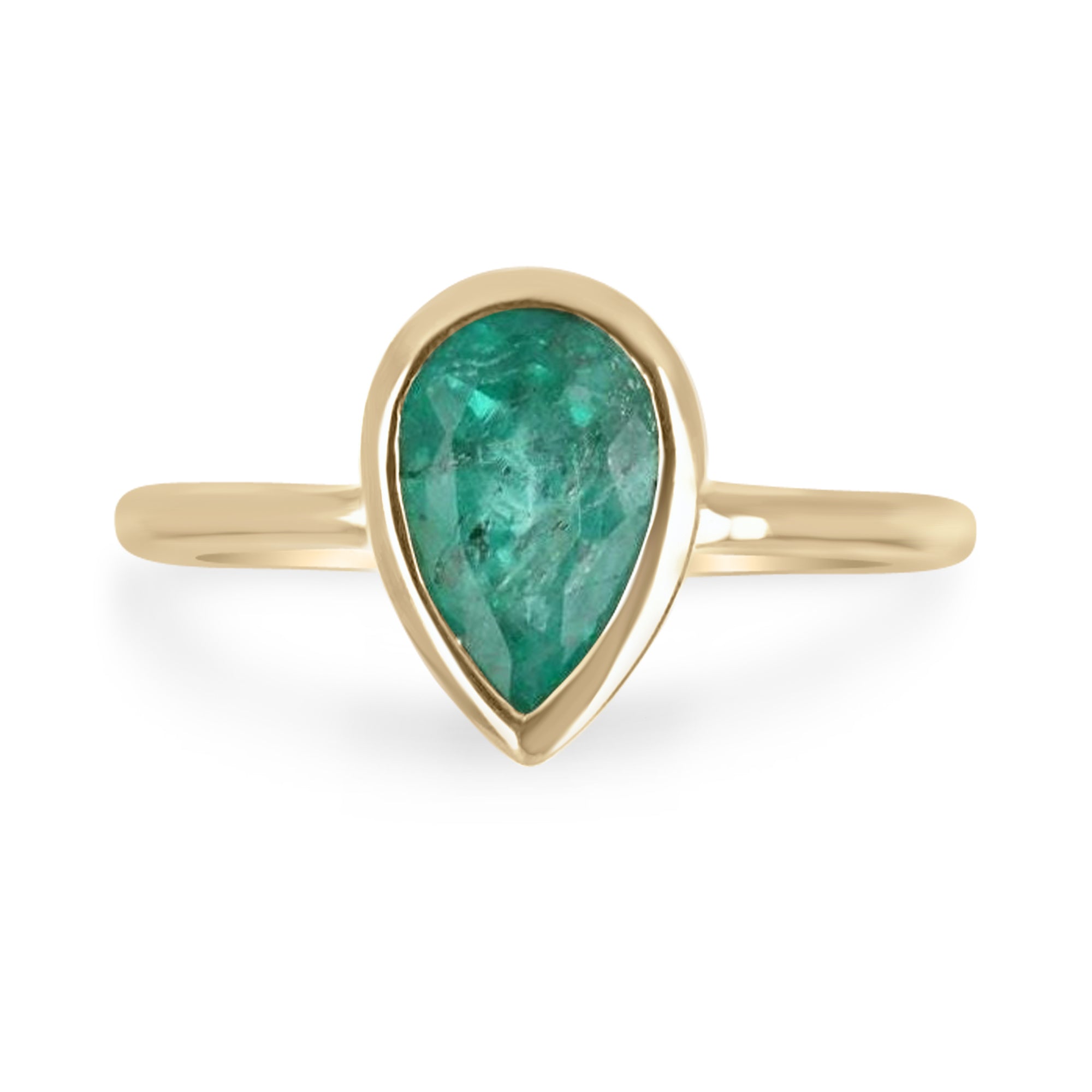 1.83tcw Rich Medium Sea Green Teardrop Pear Emerald Bezel Solitaire Ring 14K - JR Colombian Emeralds