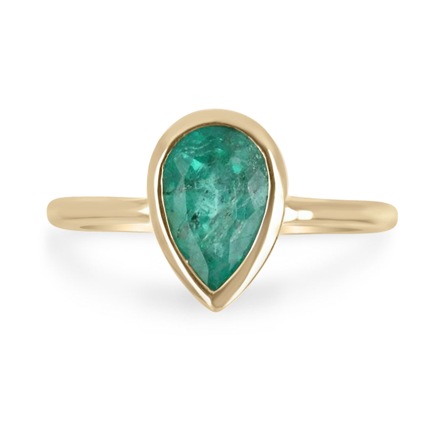1.83tcw Rich Medium Sea Green Teardrop Pear Emerald Bezel Solitaire Ring 14K