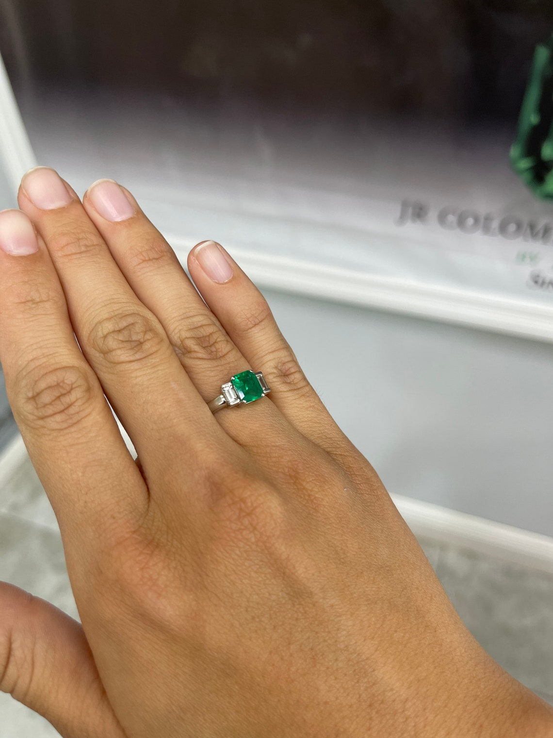 Three Stone Diamond & Emerald Ring Platinum