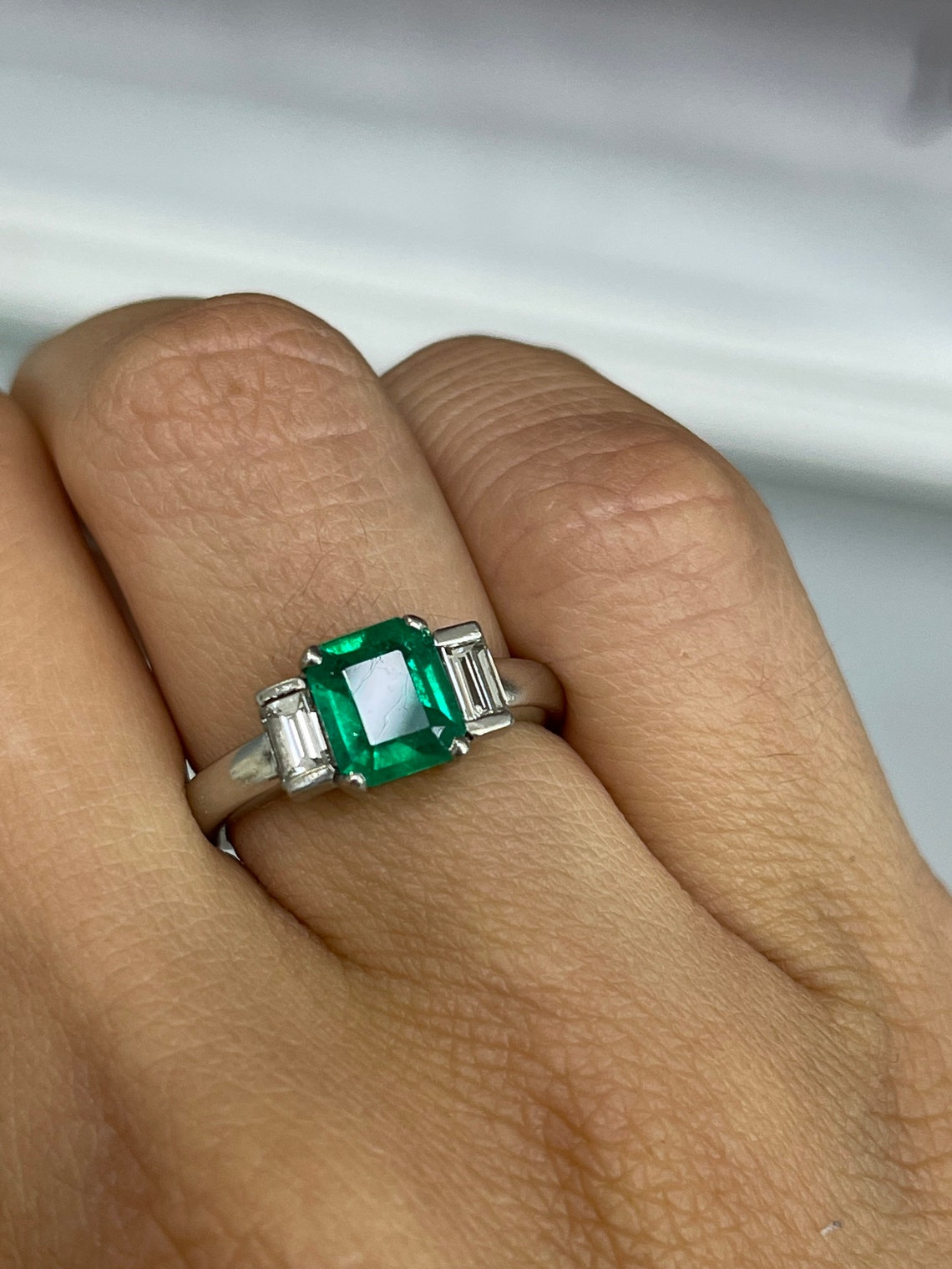 1.72tcw Elegant Three Stone Diamond & Emerald Ring Platinum