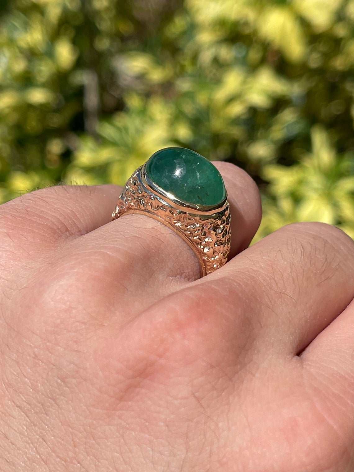 13.01cts 14K Natural Emerald Cabochon Nugget Gold Men's Ring