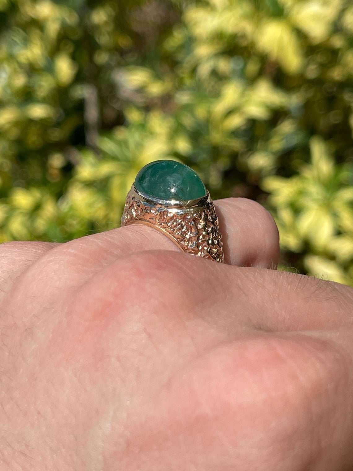 13.01cts 14K Natural Emerald Cabochon Nugget Gold Men's Ring