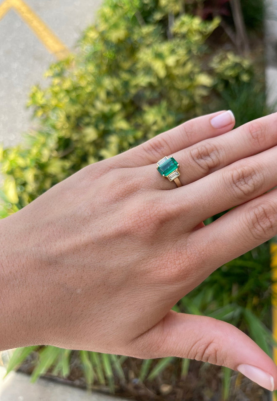 2.15tcw 18K Three Stone Emerald Cut Emerald & Diamond Ring