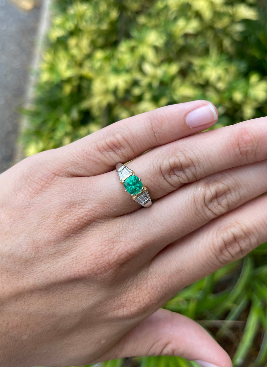 Colombian Emerald 1.92tcw Cushion Cut and Tapered Baguette Diamond 18K TWO TONE