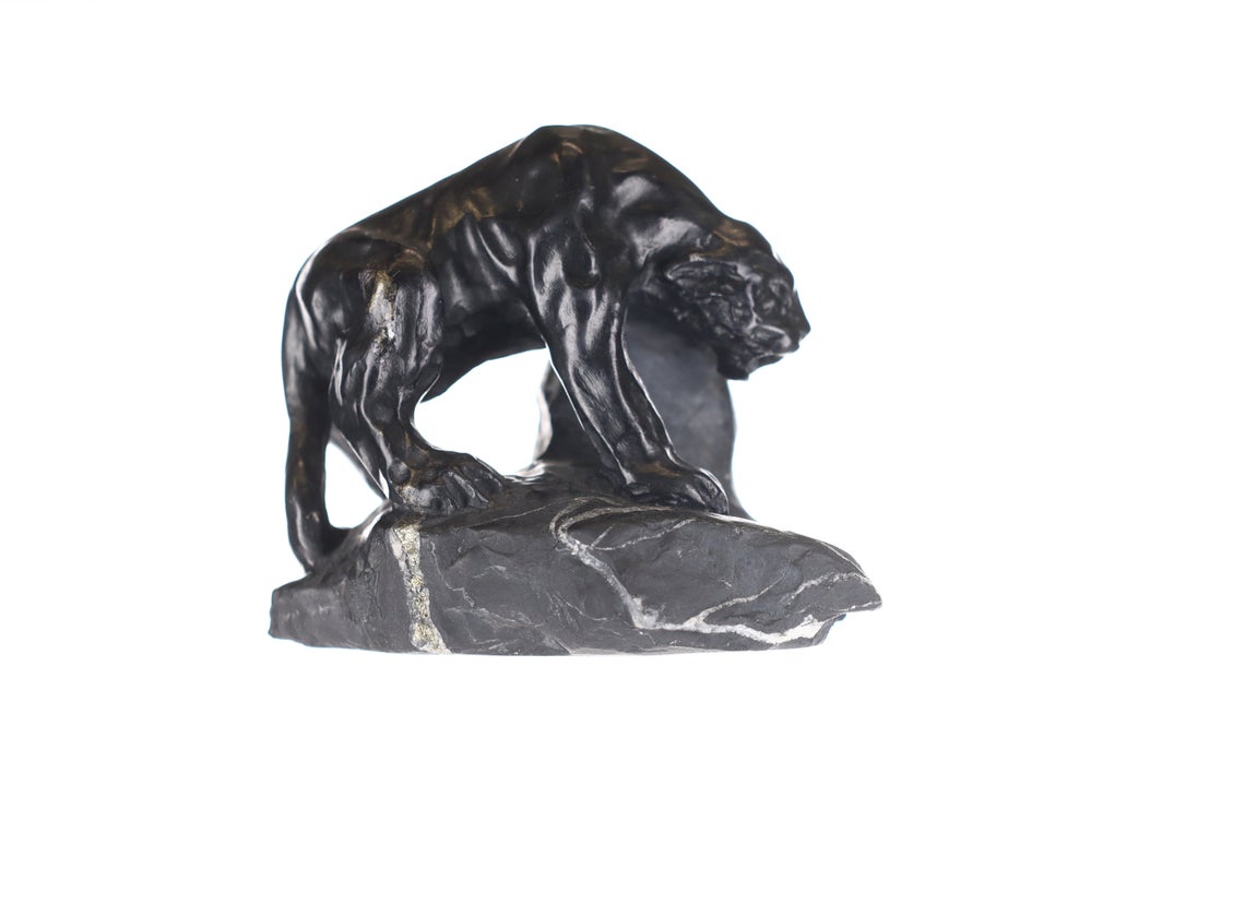 Black Panther Sculpture Carved from Colombian Emerald Rough Crystal