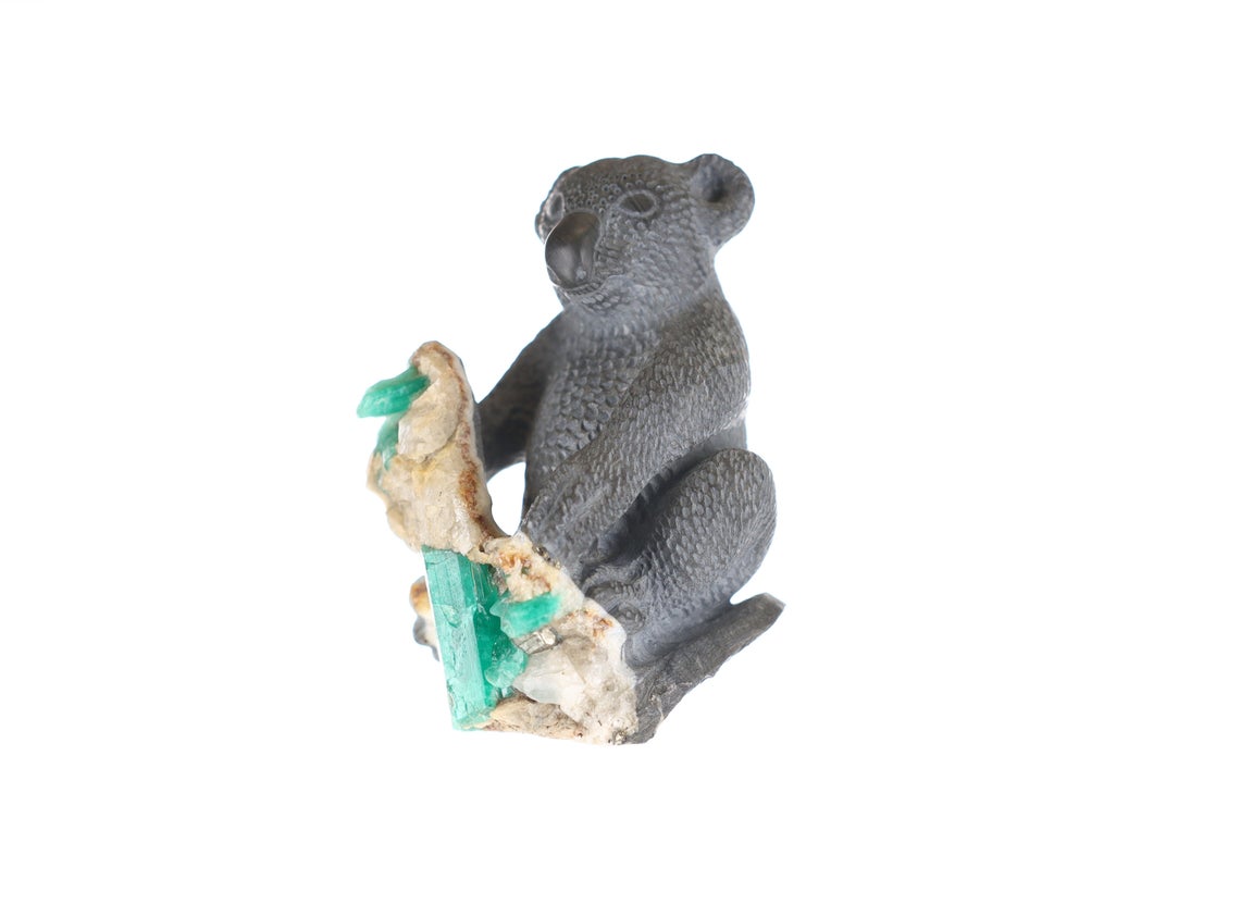 Colombian Emerald Koala Gemstone Carving - Unique Crystal Art