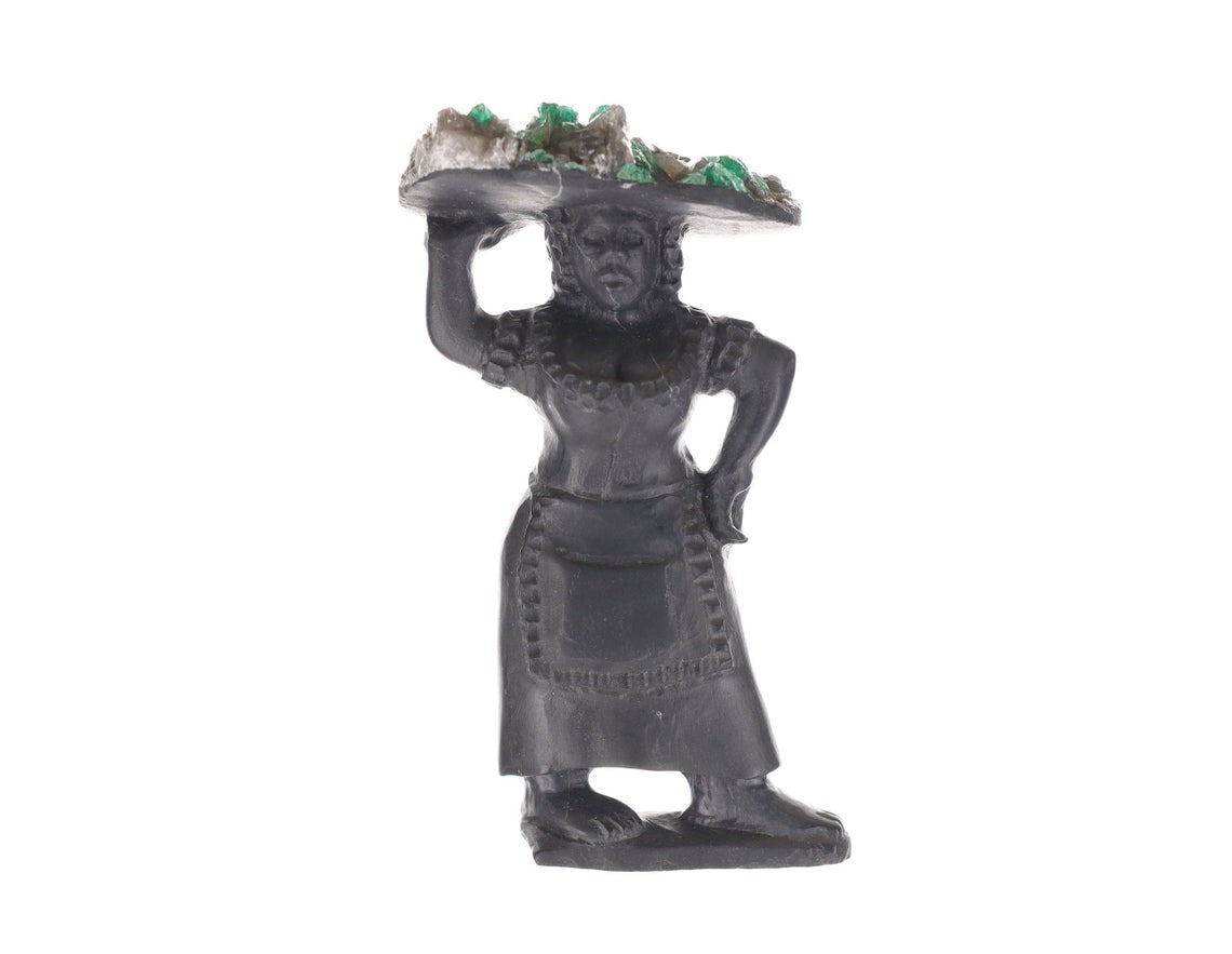 Emerald-Tinted Sculpture Featuring a Lady with Fruit: Raw Crystal Artwork