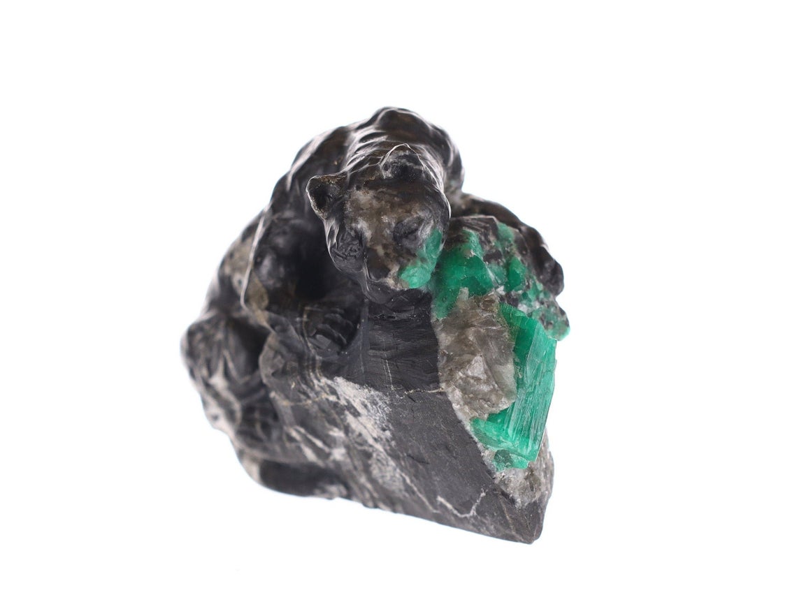 Colombian Emerald Black Jaguar Rough Crystal Sculpture