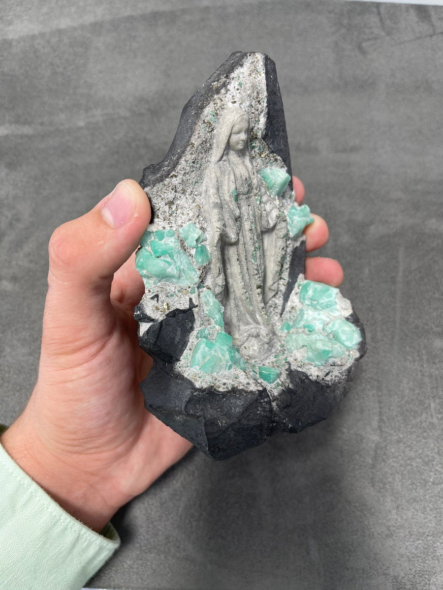 Raw Colombian Emerald Carving: Depiction of the Virgin Mary