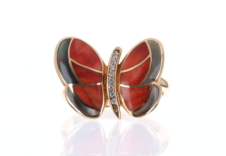 Mother of Pearl & Agate Butterfly Ring Rose Gold 18K