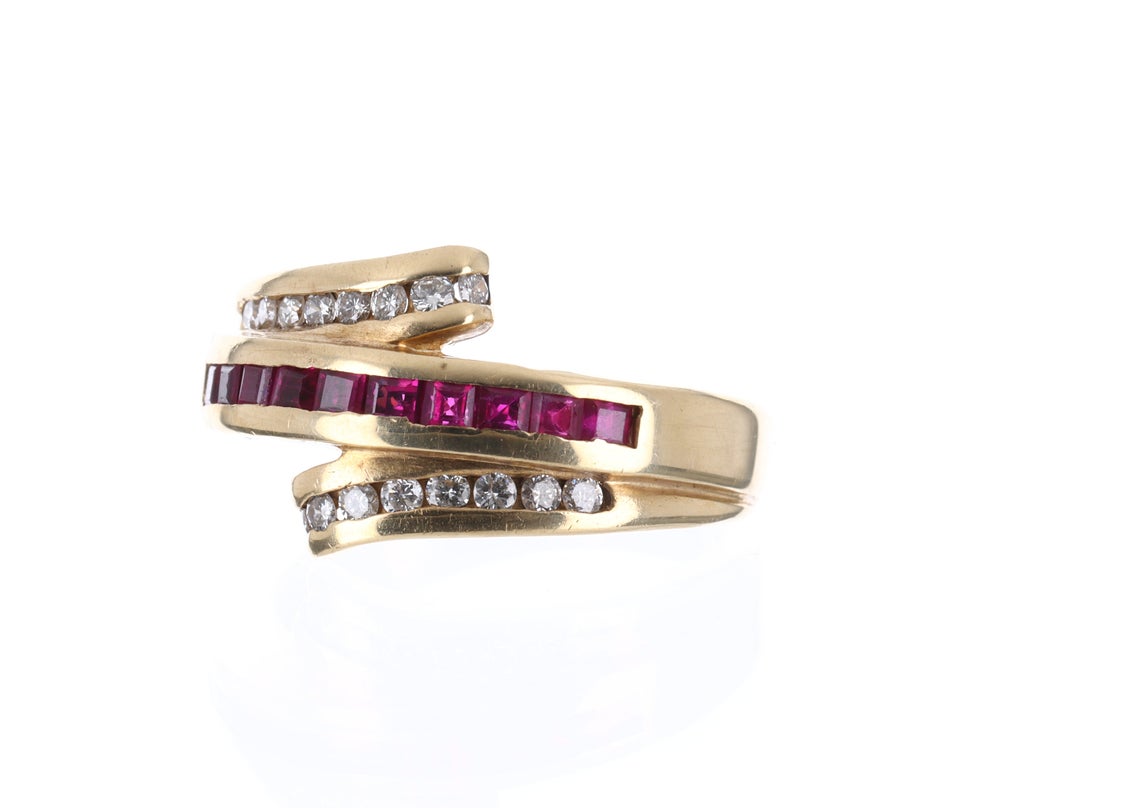 14K Ruby & Diamond Cocktail Gold Ring Band